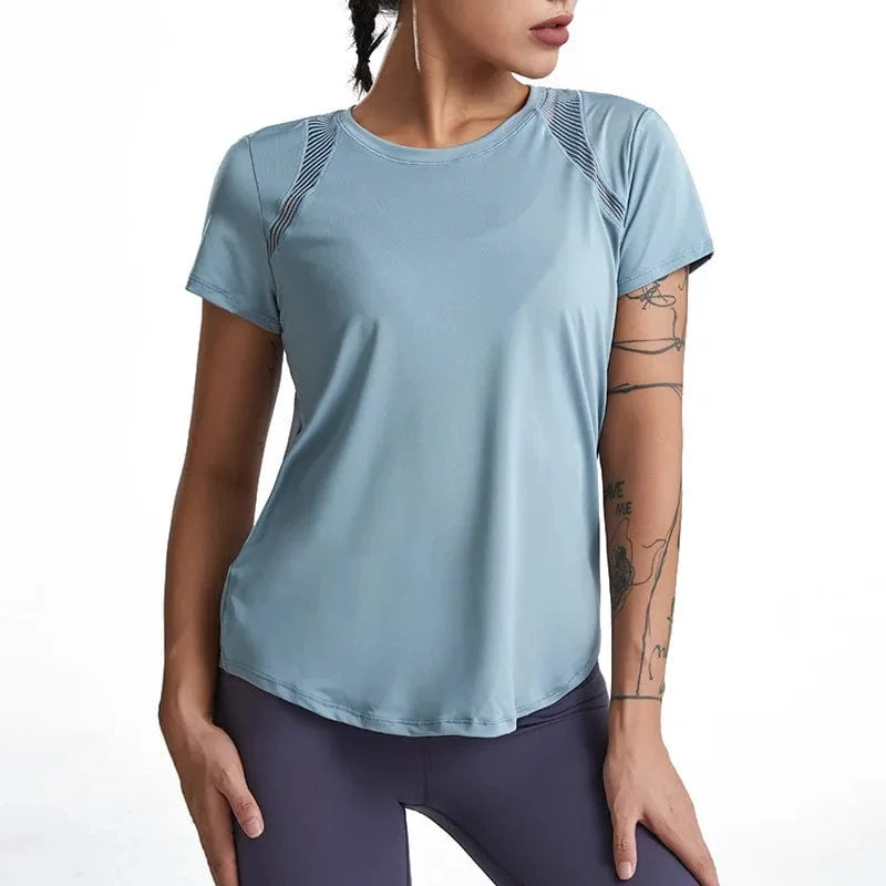 Lose Yoga-Kleidung, Oberteile, kurzärmelig, schnell trocknende Kleidung, T-Shirts, kurze Sport-Hohl-Fitness-Kleidung, Damenblusen