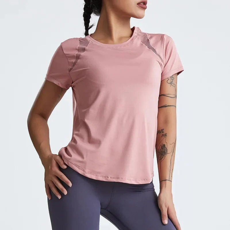 Lose Yoga-Kleidung, Oberteile, kurzärmelig, schnell trocknende Kleidung, T-Shirts, kurze Sport-Hohl-Fitness-Kleidung, Damenblusen
