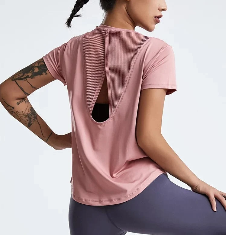 Lose Yoga-Kleidung, Oberteile, kurzärmelig, schnell trocknende Kleidung, T-Shirts, kurze Sport-Hohl-Fitness-Kleidung, Damenblusen