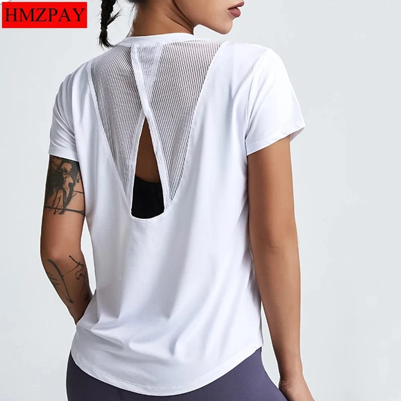 Lose Yoga-Kleidung, Oberteile, kurzärmelig, schnell trocknende Kleidung, T-Shirts, kurze Sport-Hohl-Fitness-Kleidung, Damenblusen