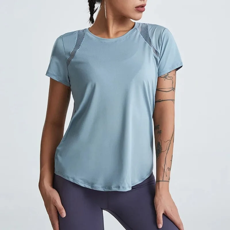 Lose Yoga-Kleidung, Oberteile, kurzärmelig, schnell trocknende Kleidung, T-Shirts, kurze Sport-Hohl-Fitness-Kleidung, Damenblusen