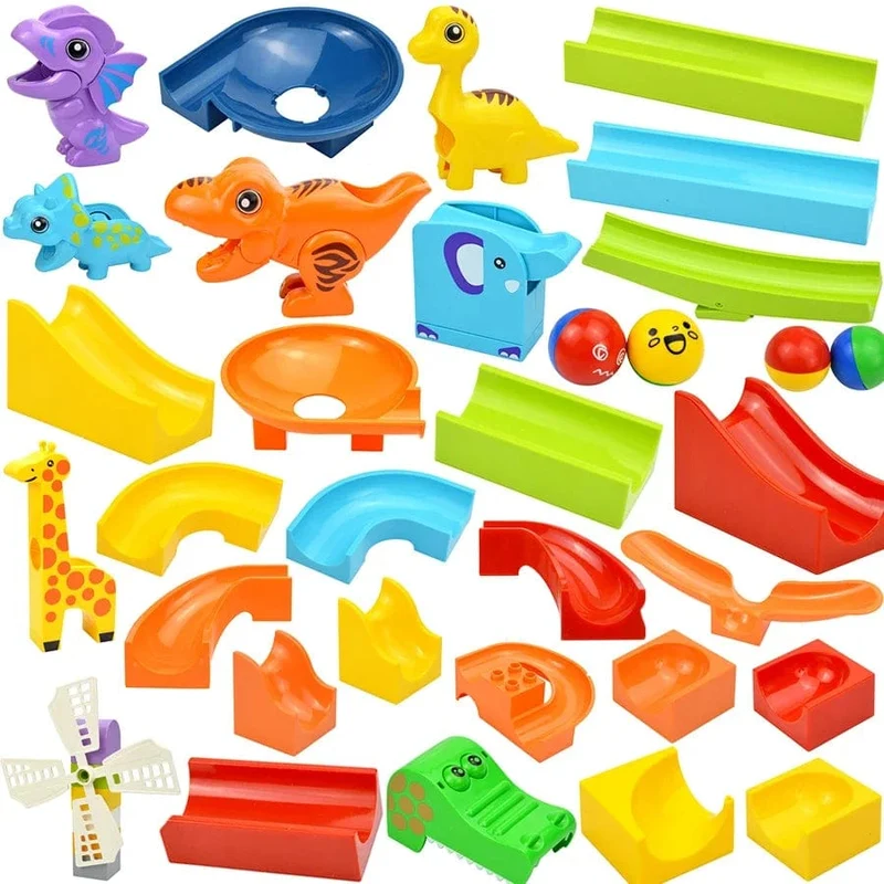 Großer Baustein, Marmor-Rennlauf, Rutschbahn, Labyrinth, Ball, Trichter, Dinosaurier, Tier, große Partikel, Ziegel, kompatibles Duploes-Spielzeug