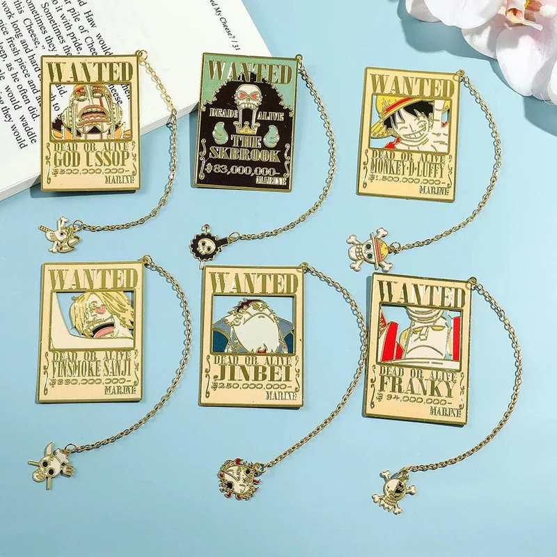 Anime One Piece Piratesreward Metall-Lesezeichen mit Quaste, goldfarben, Luffy Wanted, Lesezeichen, Geschenke für Fans, Sammlungszubehör