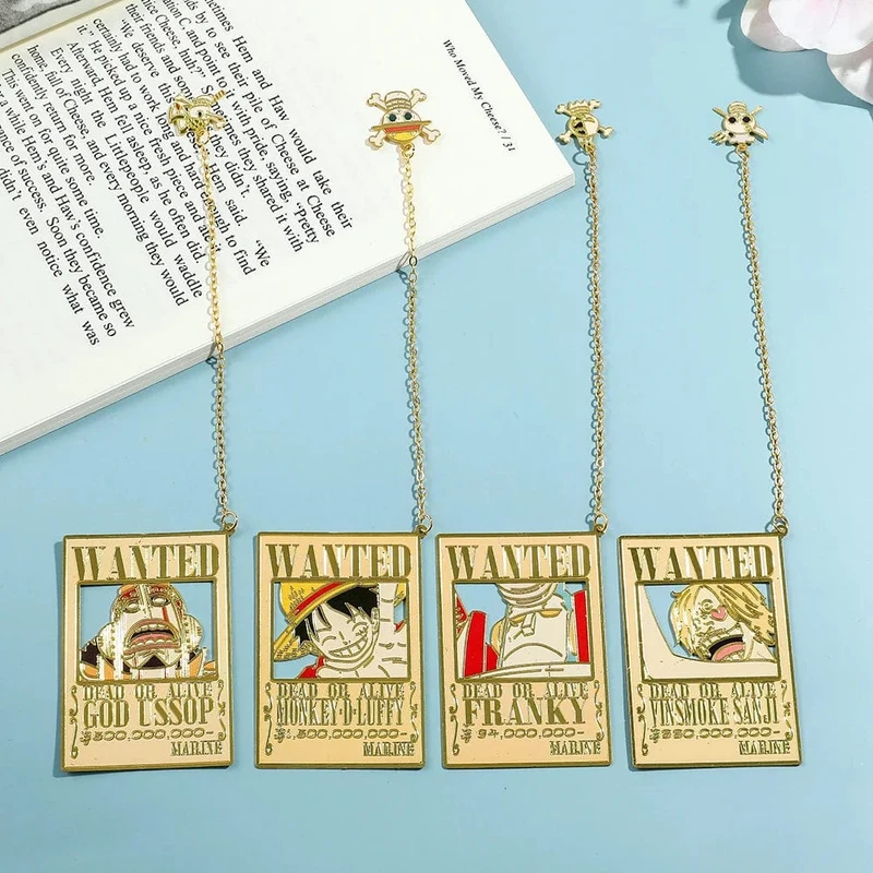 Anime One Piece Piratesreward Metall-Lesezeichen mit Quaste, goldfarben, Luffy Wanted, Lesezeichen, Geschenke für Fans, Sammlungszubehör