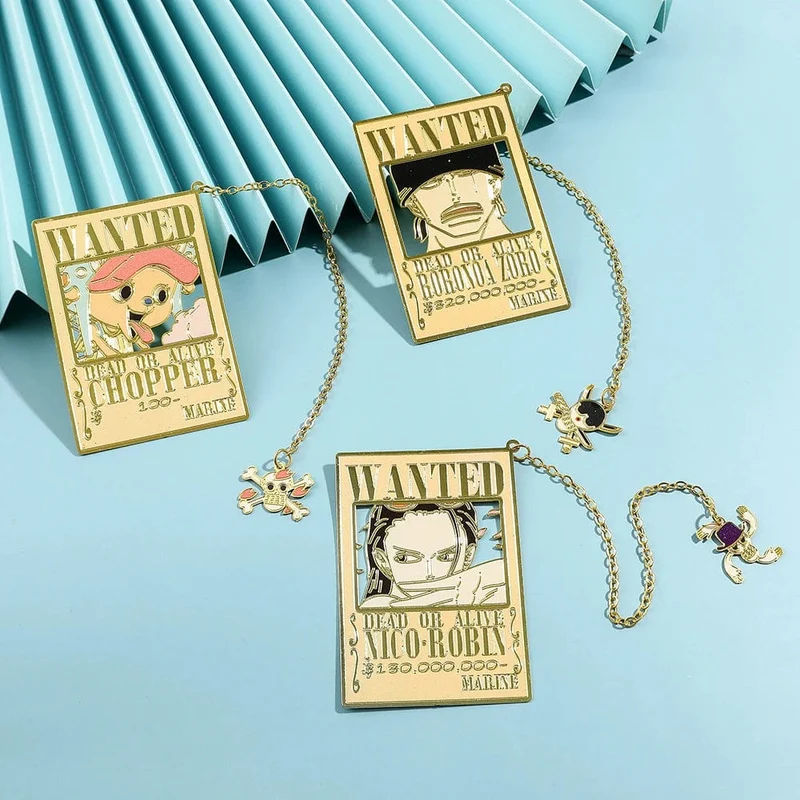 Anime One Piece Piratesreward Metall-Lesezeichen mit Quaste, goldfarben, Luffy Wanted, Lesezeichen, Geschenke für Fans, Sammlungszubehör