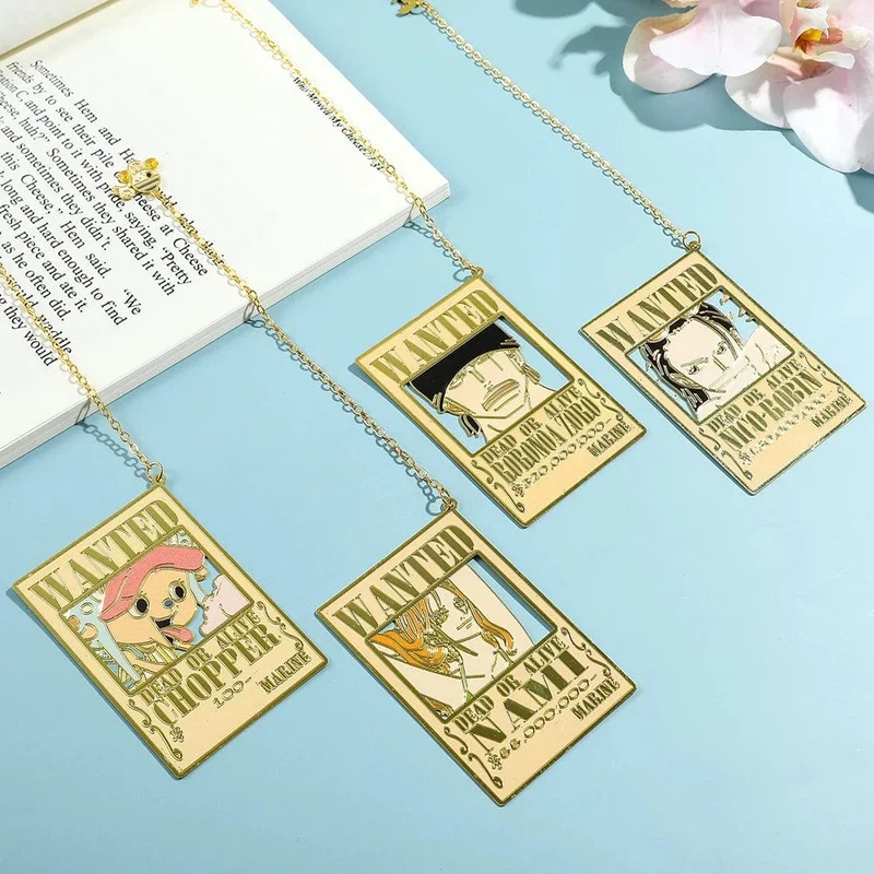 Anime One Piece Piratesreward Metall-Lesezeichen mit Quaste, goldfarben, Luffy Wanted, Lesezeichen, Geschenke für Fans, Sammlungszubehör