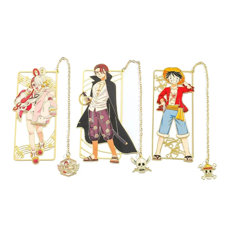Anime One Piece Figur Metall Lesezeichen mit Quaste Ruffy Uta Shanks Goldfarbe Lesezeichen Geschenke für Fans Sammlungsbedarf