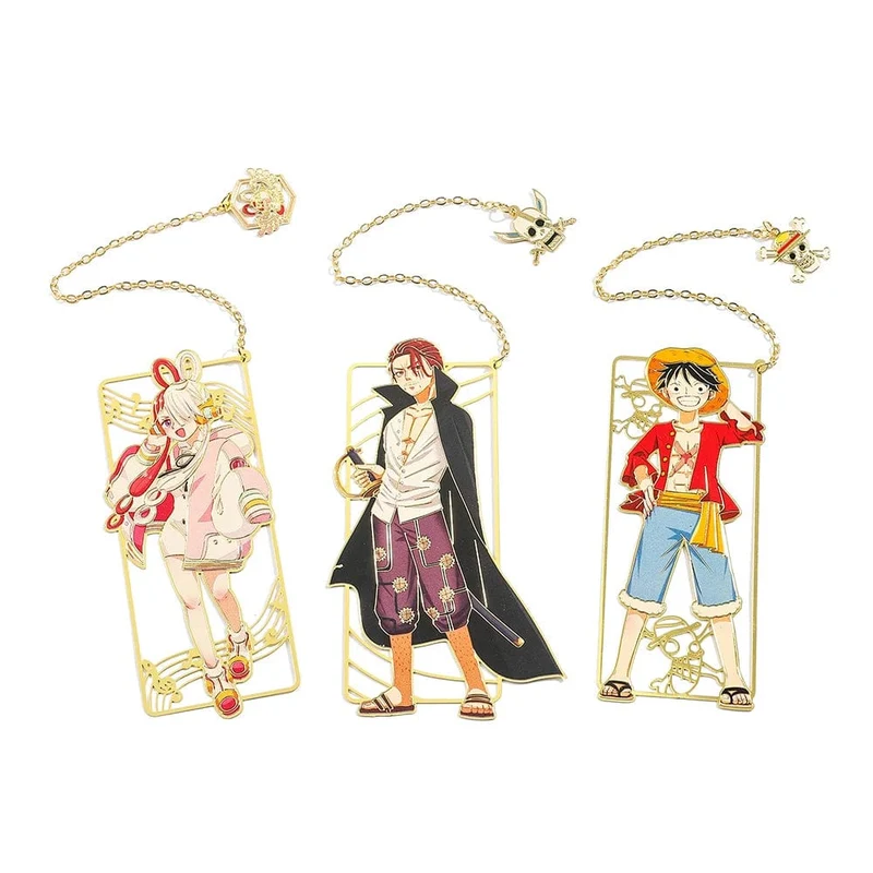 Anime One Piece Figur Metall Lesezeichen mit Quaste Ruffy Uta Shanks Goldfarbe Lesezeichen Geschenke für Fans Sammlungsbedarf