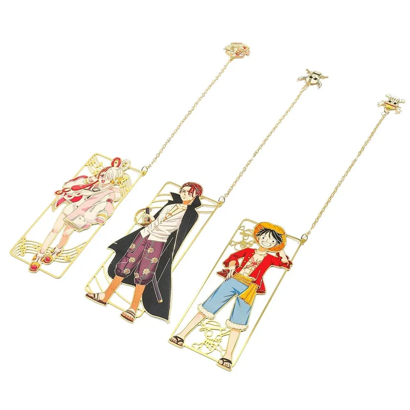 Anime One Piece Figur Metall Lesezeichen mit Quaste Ruffy Uta Shanks Goldfarbe Lesezeichen Geschenke für Fans Sammlungsbedarf