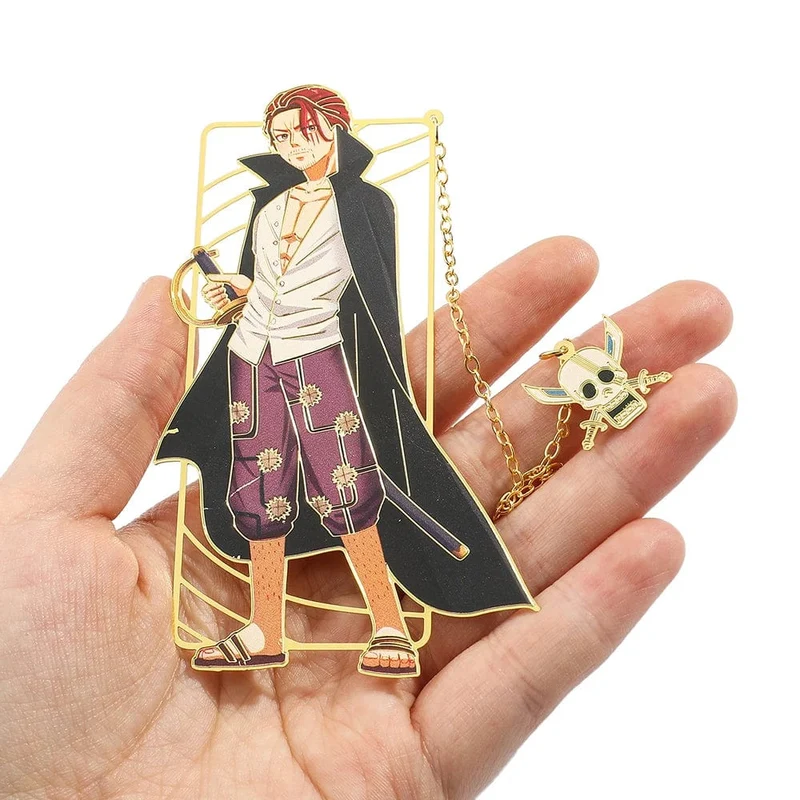 Anime One Piece Figur Metall Lesezeichen mit Quaste Ruffy Uta Shanks Goldfarbe Lesezeichen Geschenke für Fans Sammlungsbedarf