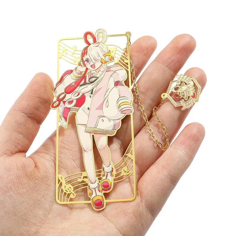 Anime One Piece Figur Metall Lesezeichen mit Quaste Ruffy Uta Shanks Goldfarbe Lesezeichen Geschenke für Fans Sammlungsbedarf