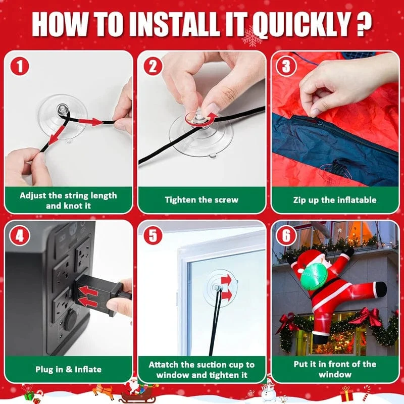 6 Fuß hoher aufblasbarer Weihnachtsmann zum Aufhängen, Weihnachtsmann mit Geschenktüte, Dekorationen, aufblasbarer kletternder Weihnachtsmann mit LED-Lichtern, Spielzeug für draußen
