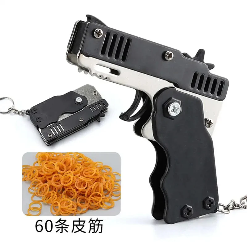 1 stücke Mini Metall Pistole Klapp Gummiband Spielzeug Outdoor Sport Keychain Spielzeug 6 Bursts Gummi Pistole Kinder Geschenke Party favor Pistole Spielzeug