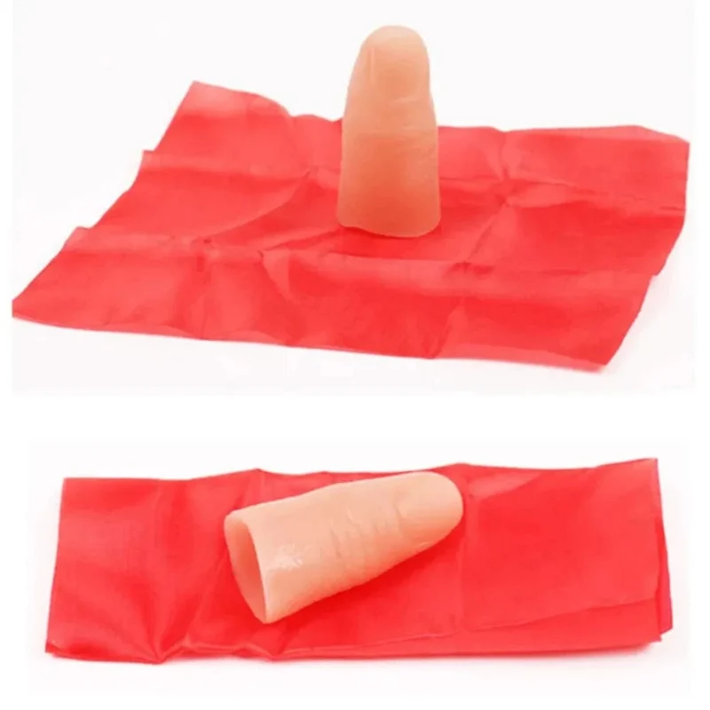 Zaubertrick-Requisiten, Nahaufnahme, verschwinden, erscheinender Kunststofffinger, Daumenspitze + rote Seide, Bühnenshow-Requisiten, Gummi, Streich, Spielzeug, Werkzeug, Geschenke