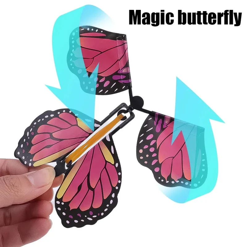 5 Stücke Magisches fliegendes Schmetterlings-Aufziehspielzeug im Himmel Lustige Gummiband-betriebene Karten Kindertricks Requisiten Party Tolles Überraschungsgeschenk