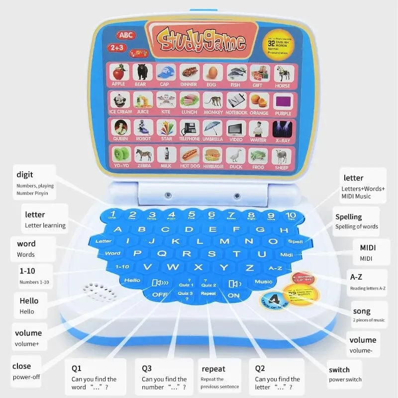 Kleines Laptop-Spielzeug zum Englischlernen für Kinder. Jungen- und Mädchencomputer für Alphabet ABC.Zahlen.Wörter.Rechtschreibung.Mathematik.Musik