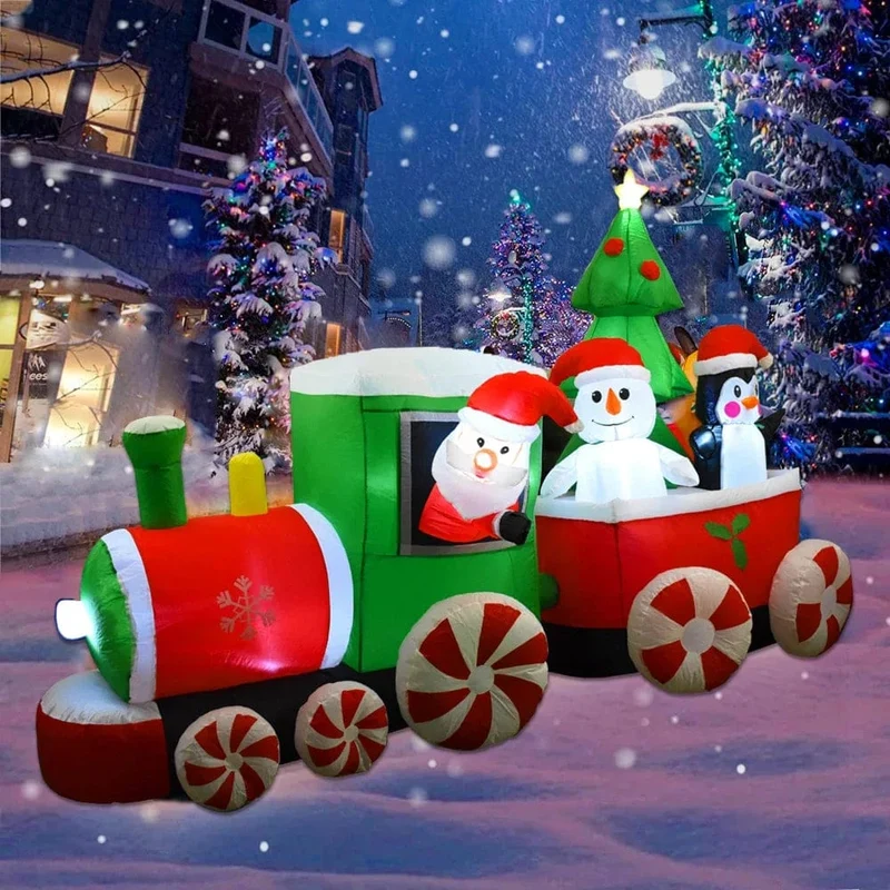 Weihnachtsdekoration Aufblasbarer Zug Weihnachtsmann Schneemann Länge 8.8 m Aufblasbares Spielzeug mit LED-Beleuchtung Outdoor Garten Ornament