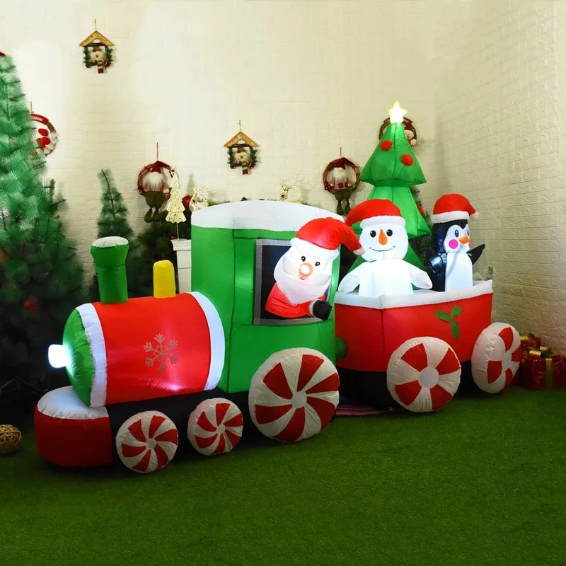 Weihnachtsdekoration Aufblasbarer Zug Weihnachtsmann Schneemann Länge 8.8 m Aufblasbares Spielzeug mit LED-Beleuchtung Outdoor Garten Ornament