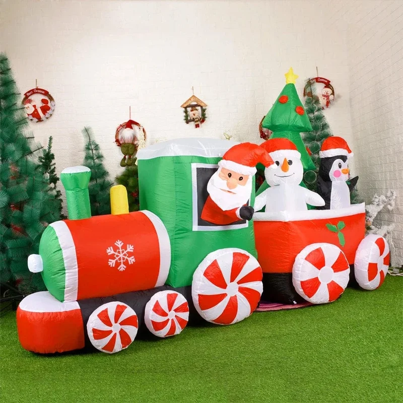 Weihnachtsdekoration Aufblasbarer Zug Weihnachtsmann Schneemann Länge 8.8 m Aufblasbares Spielzeug mit LED-Beleuchtung Outdoor Garten Ornament
