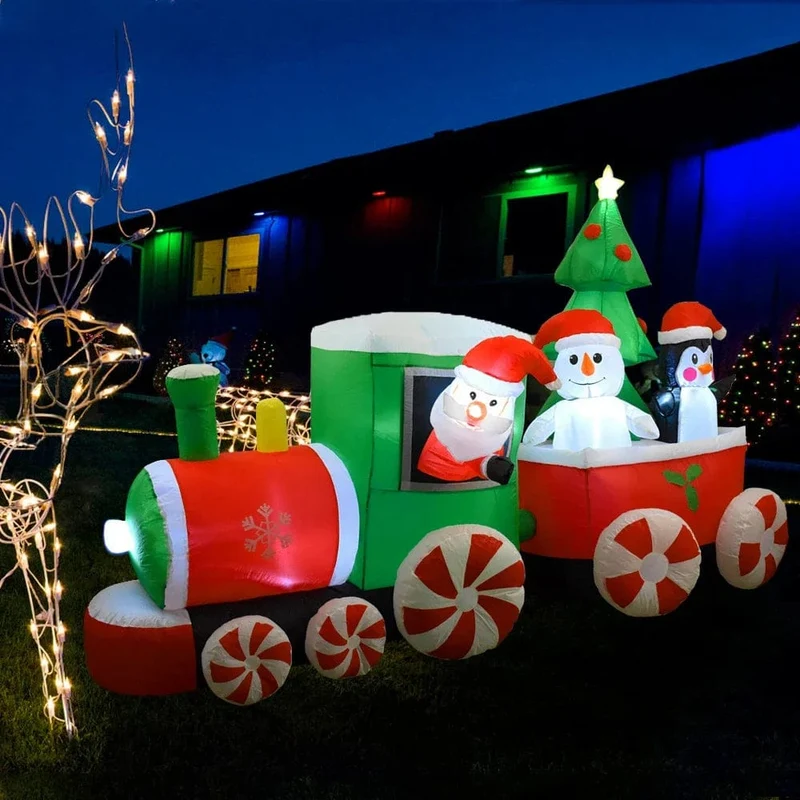 Weihnachtsdekoration Aufblasbarer Zug Weihnachtsmann Schneemann Länge 8.8 m Aufblasbares Spielzeug mit LED-Beleuchtung Outdoor Garten Ornament
