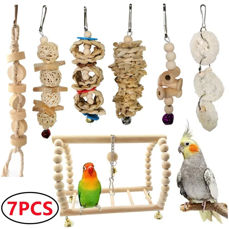 Kombination Vogelspielzeug Set Schaukel Kauen Trainingsspielzeug Kleiner Papagei Hängende Hängematte Papageienkäfig Glocke Barschspielzeug mit Leiterspielzeug