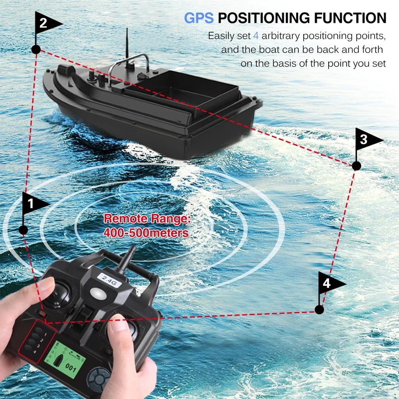 RC Fischköderboot mit Tasche GPS Auto Return 2KG Load Bin 500M Entfernung Nachtlicht 12000mAh 6 Stunden RC Schiff Spielzeug
