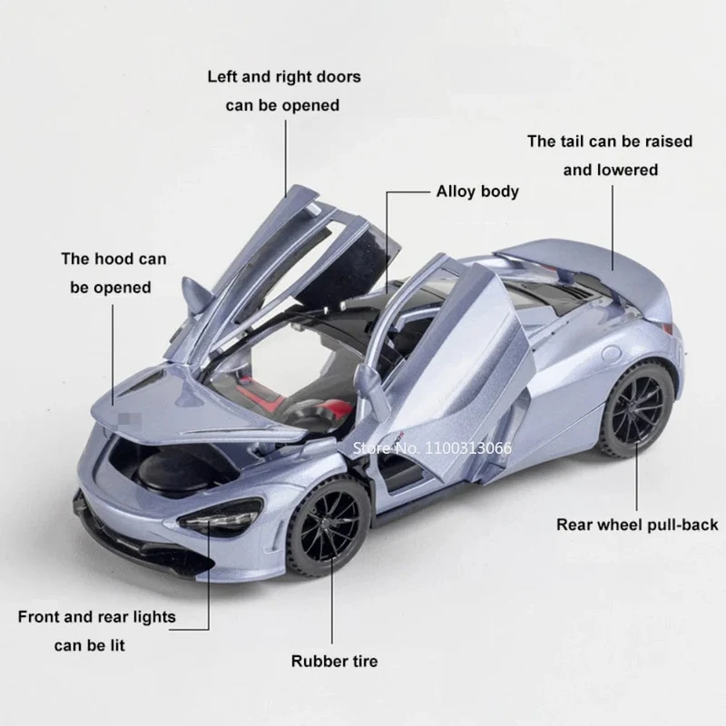 Maßstab 1/32 720S Sportwagenmodell aus Legierung, Druckguss-Spielzeug, Metallfahrzeuge, Modell mit Sound, Licht, Türen können geöffnet werden, Auto für Jungen, Geschenk
