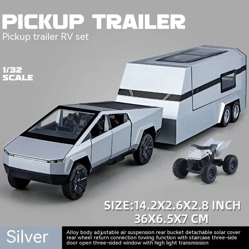 1:32 Spielzeug-Trucks für Jungen Cybertruck-Modell, silberner Pickup-Truck aus Druckgussmetall, Spielzeugautos mit Ton und Licht für Kinder ab 3 Jahren