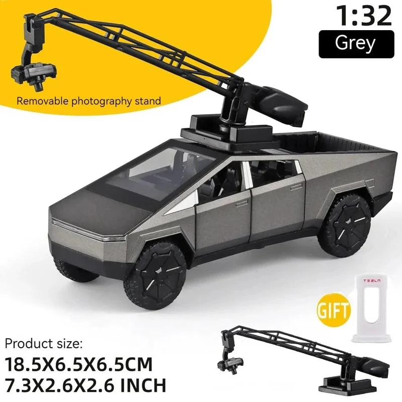 1:32 Spielzeug-Trucks für Jungen Cybertruck-Modell, silberner Pickup-Truck aus Druckgussmetall, Spielzeugautos mit Ton und Licht für Kinder ab 3 Jahren