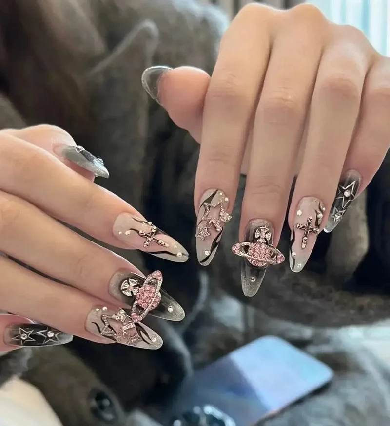 10 Stück Planet Nagel Charms Y2K 3D Nagel Strass Edelsteine ​​Silber Diamant Schmuck Kawaii DIY Nail Art Dekoration Zubehör