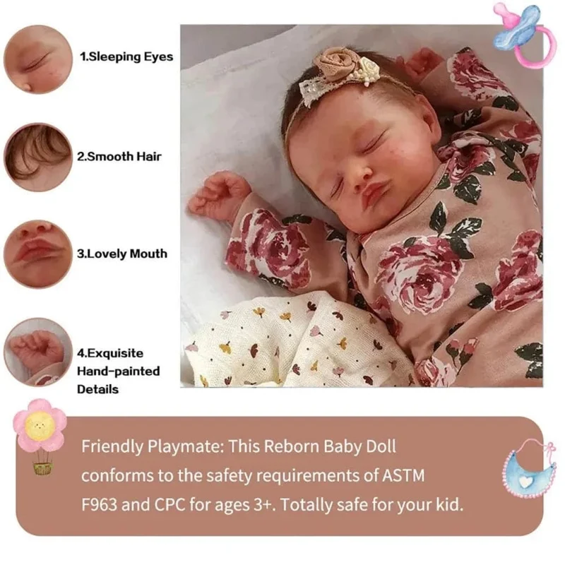 19 Zoll lebensechte Rosalie mit handgeknüpftem braunem Haar Neugeborenes schlafendes Babypuppenmädchen bereits bemalte Adern Muñecas Bebe