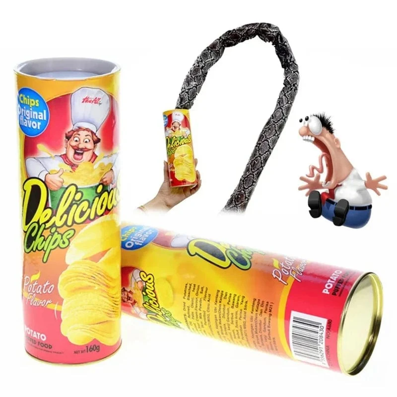 Die Kartoffelchip-Schlange kann auf der Bühne springen, Zaubertricks, Frühlingsschlangenspielzeug, Aprilscherz, Halloween-Partywitze in einem Dosenknebel-Geschenkstreich