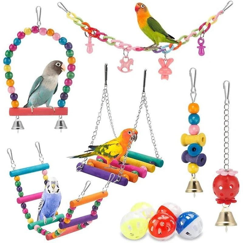 Vogelkäfig-Spielzeug für Papageien, Holz, Vogelschaukel, zuverlässige kaubare Beißbrücke, Form von Holzperlen, Papageien-Spielzeug, 11-teiliges Vogelspielzeug