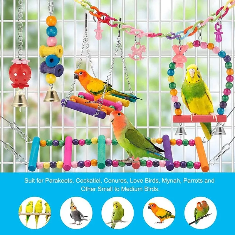 Vogelkäfig-Spielzeug für Papageien, Holz, Vogelschaukel, zuverlässige kaubare Beißbrücke, Form von Holzperlen, Papageien-Spielzeug, 11-teiliges Vogelspielzeug