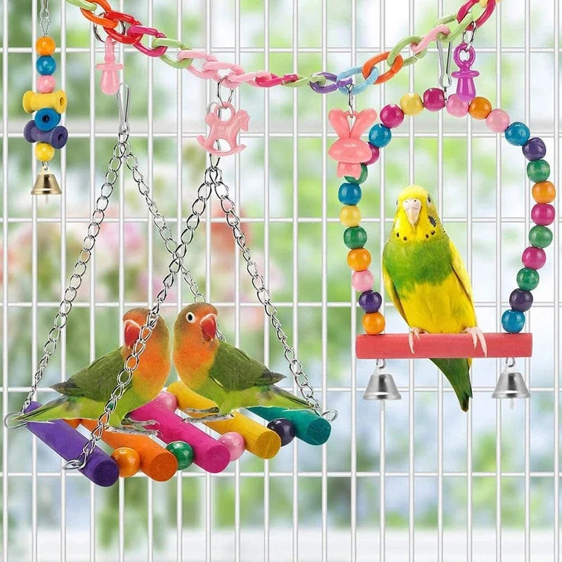 Vogelkäfig-Spielzeug für Papageien, Holz, Vogelschaukel, zuverlässige kaubare Beißbrücke, Form von Holzperlen, Papageien-Spielzeug, 11-teiliges Vogelspielzeug