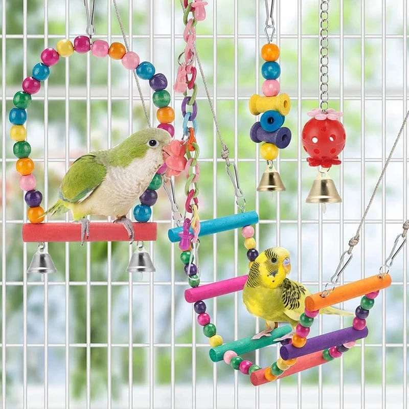 Vogelkäfig-Spielzeug für Papageien, Holz, Vogelschaukel, zuverlässige kaubare Beißbrücke, Form von Holzperlen, Papageien-Spielzeug, 11-teiliges Vogelspielzeug