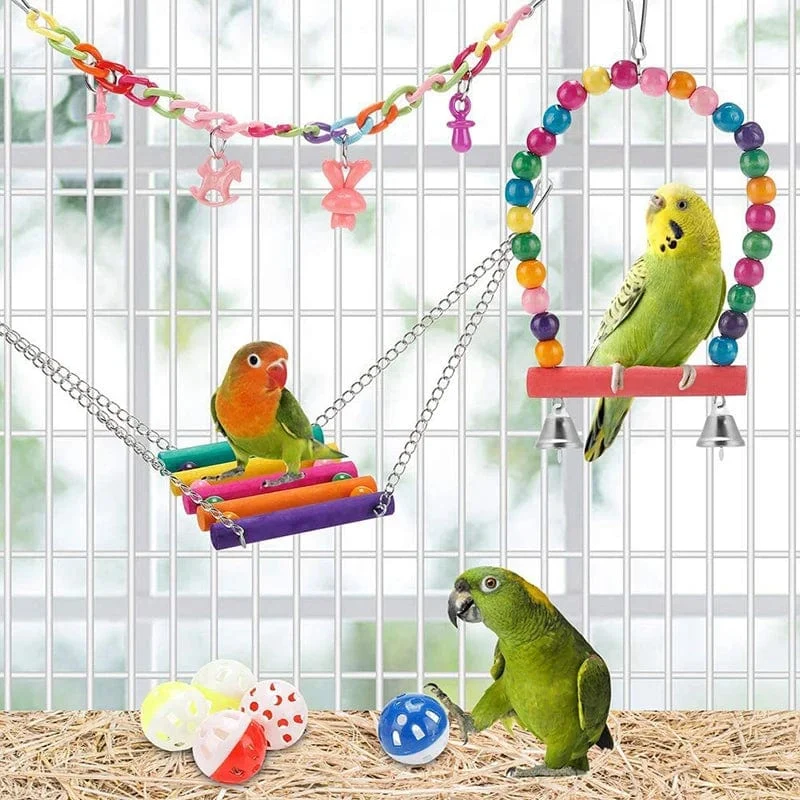 Vogelkäfig-Spielzeug für Papageien, Holz, Vogelschaukel, zuverlässige kaubare Beißbrücke, Form von Holzperlen, Papageien-Spielzeug, 11-teiliges Vogelspielzeug
