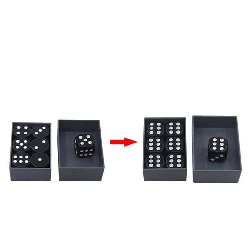 Zauberwürfel-Trick, 7 schwarze Würfel und Box, erstaunliche Wunder-Zahlenänderung, Vorhersage-Effekt, Nahaufnahme, magische Bühne, magisches Zauberer-Gimmick