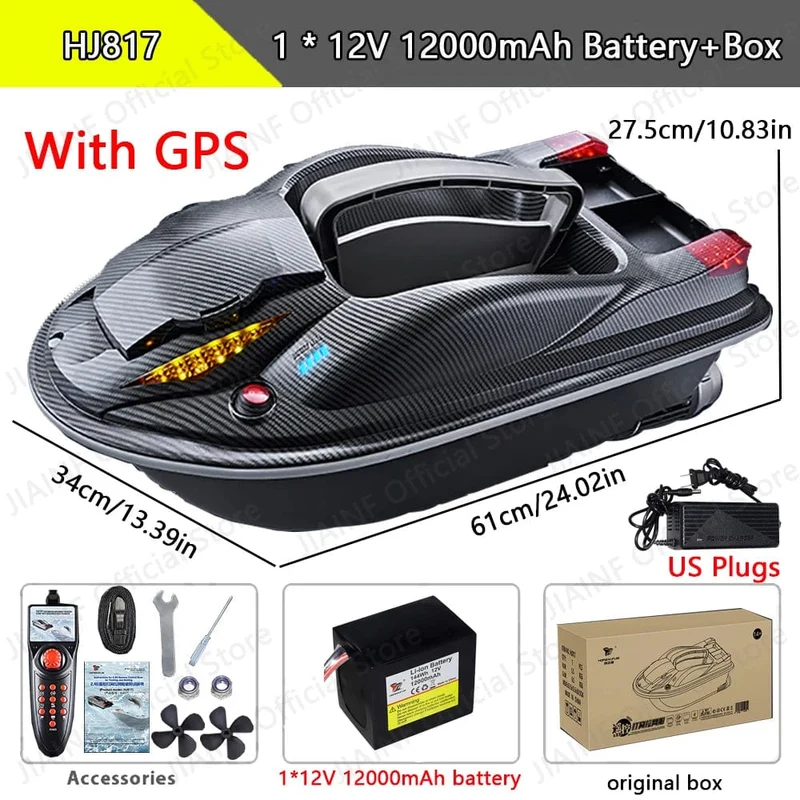 HONGXUNJIE HJ817 GPS-Angelgerät, intelligente Geschwindigkeitsregelung, RC-Köderboot, Dual-Motor, geräuscharm, 3.5 kg, Beladung 500 m, mit Nachtlichtern