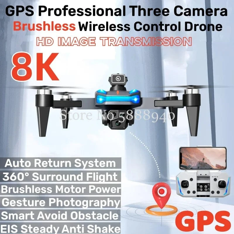GPS Professionelle 8K Drei Kamera Bürstenlosen Drahtlose Steuerung Drohne 2.4G Vermeiden Hindernisse Auto Return LED Licht RC Drone quadcopter