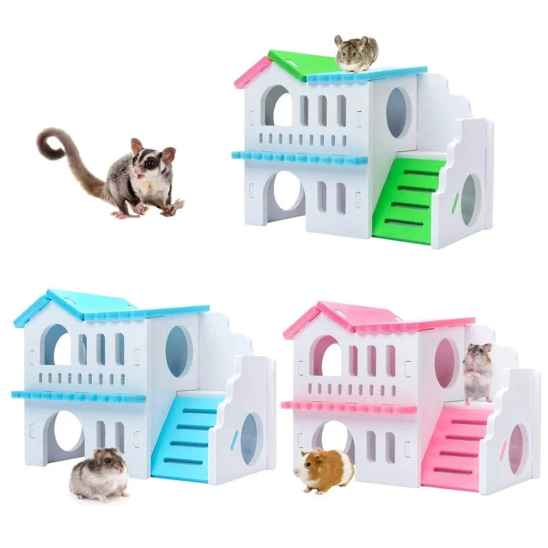 Hamster-Holzhaus, Nistplatz, Kleintiere, farbige Spielhütte, Villa, Kauspielzeug für Zwerghamster, Schlaf, 2 Farben, Rattenkäfig
