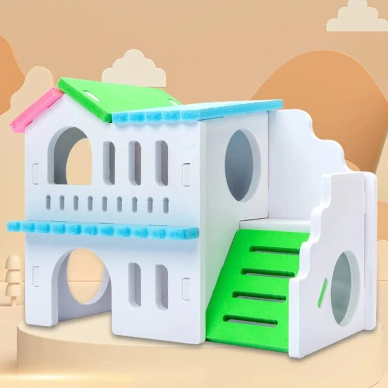 Hamster-Holzhaus, Nistplatz, Kleintiere, farbige Spielhütte, Villa, Kauspielzeug für Zwerghamster, Schlaf, 2 Farben, Rattenkäfig