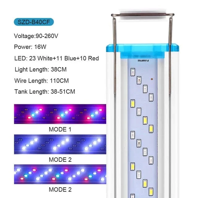 Superschlankes LED-Aquarium-LED-Licht, RGB-Wasserpflanzenlicht, 18–58 cm, ausziehbarer Clip für Aquarien, 90–260 V Farblichter