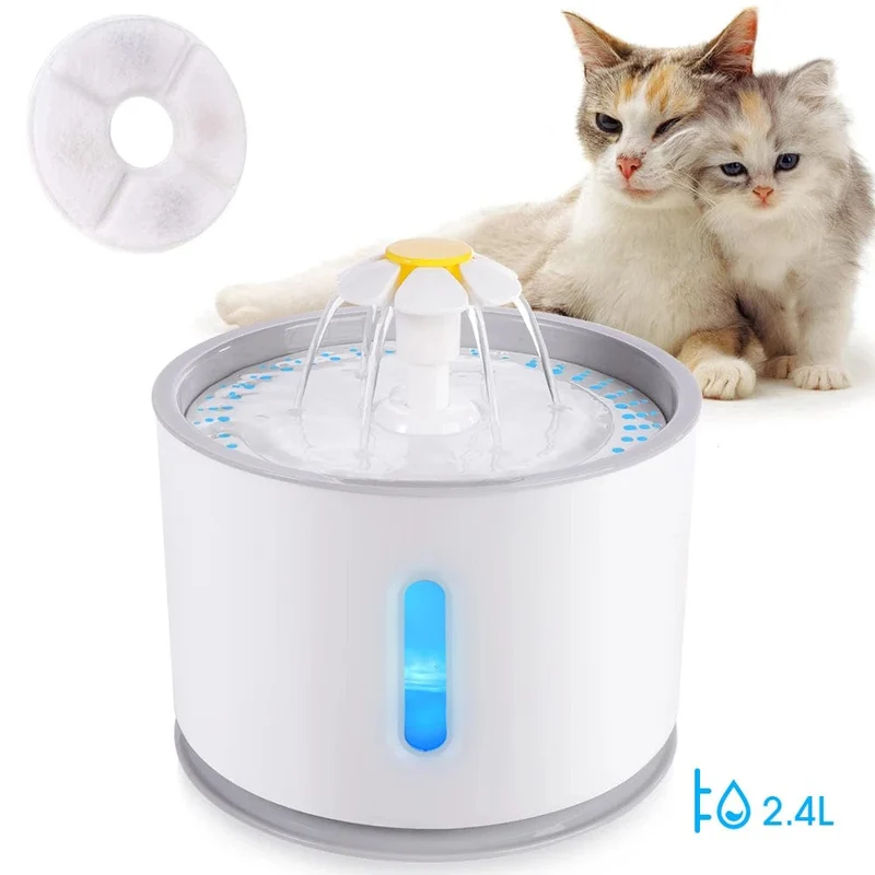 Automatischer Haustier-Katzen-Trinkbrunnen mit LED-Beleuchtung, 5er-Pack Filter, 2.4 l, USB, Hunde, Katzen, stumme Tränke, Futternapf, Trinkspender