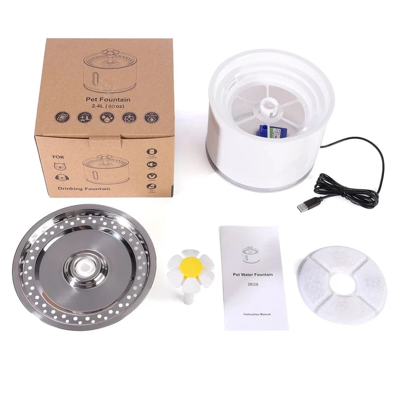 Automatischer Haustier-Katzen-Trinkbrunnen mit LED-Beleuchtung, 5er-Pack Filter, 2.4 l, USB, Hunde, Katzen, stumme Tränke, Futternapf, Trinkspender