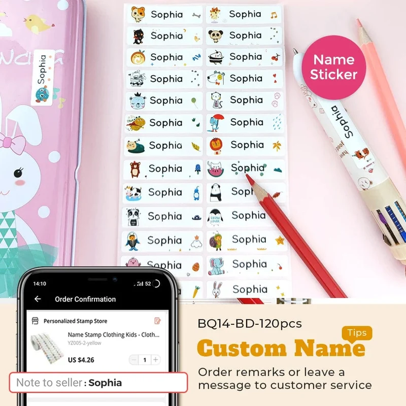 Cartoon Dinosaurier Namensstempel für Kleidung Personalisiert für Studentenkleidung Kapitel Kinder Kawaii Namensaufkleber Geschenk