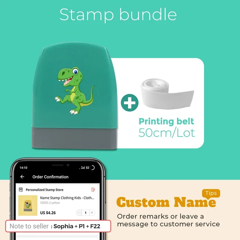 Cartoon Dinosaurier Namensstempel für Kleidung Personalisiert für Studentenkleidung Kapitel Kinder Kawaii Namensaufkleber Geschenk