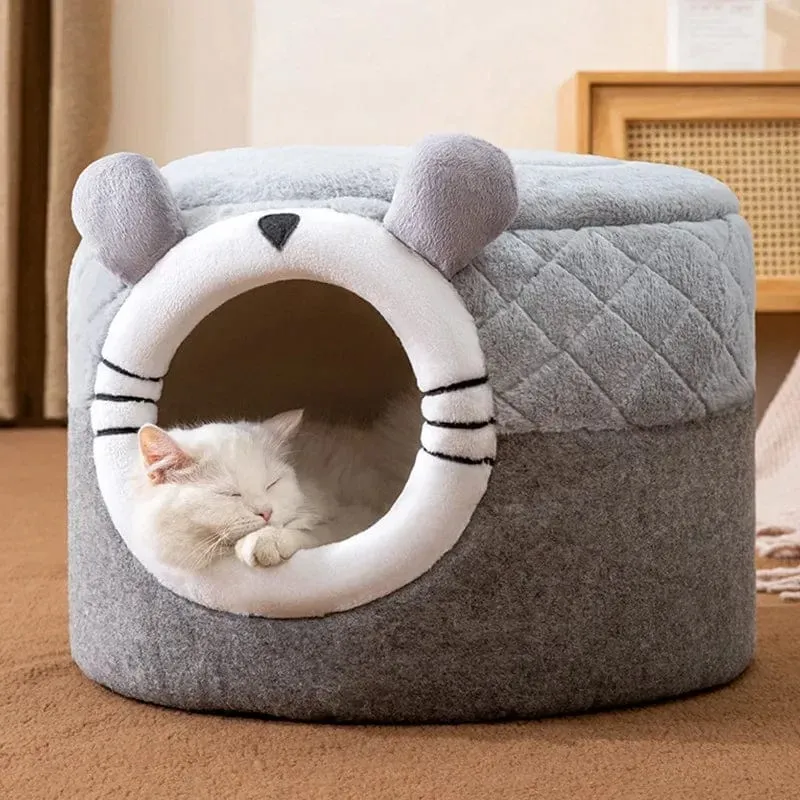 Warmes Katzen- und Hundehaus für den Innenbereich, weiches Haustierzelt, Höhlenbett, Katzenhütte mit tiefem Schlaf und abnehmbarem Kissen für Kätzchen, Welpen, bequemes Bett