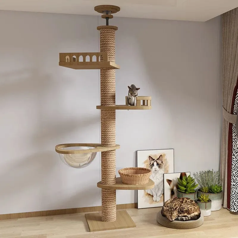 Hölzernes Katzenbaumhaus, multifunktionales Haustiermöbel, Kätzchen-Kletterspielzeug, Katzenkratzbäume, Katzenturm, weiches Flanell-Hängemattenbett