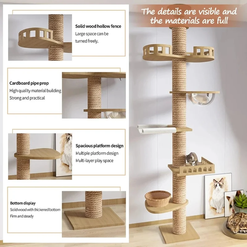 Hölzernes Katzenbaumhaus, multifunktionales Haustiermöbel, Kätzchen-Kletterspielzeug, Katzenkratzbäume, Katzenturm, weiches Flanell-Hängemattenbett